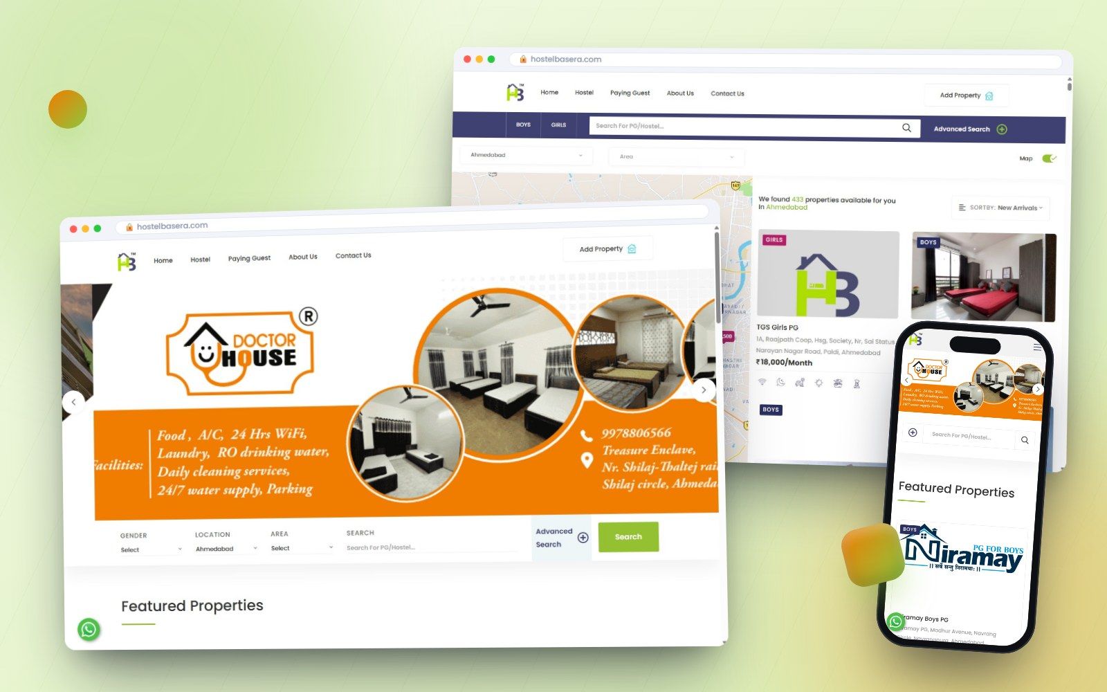 Hostel Basera pages on desktop and mobile
